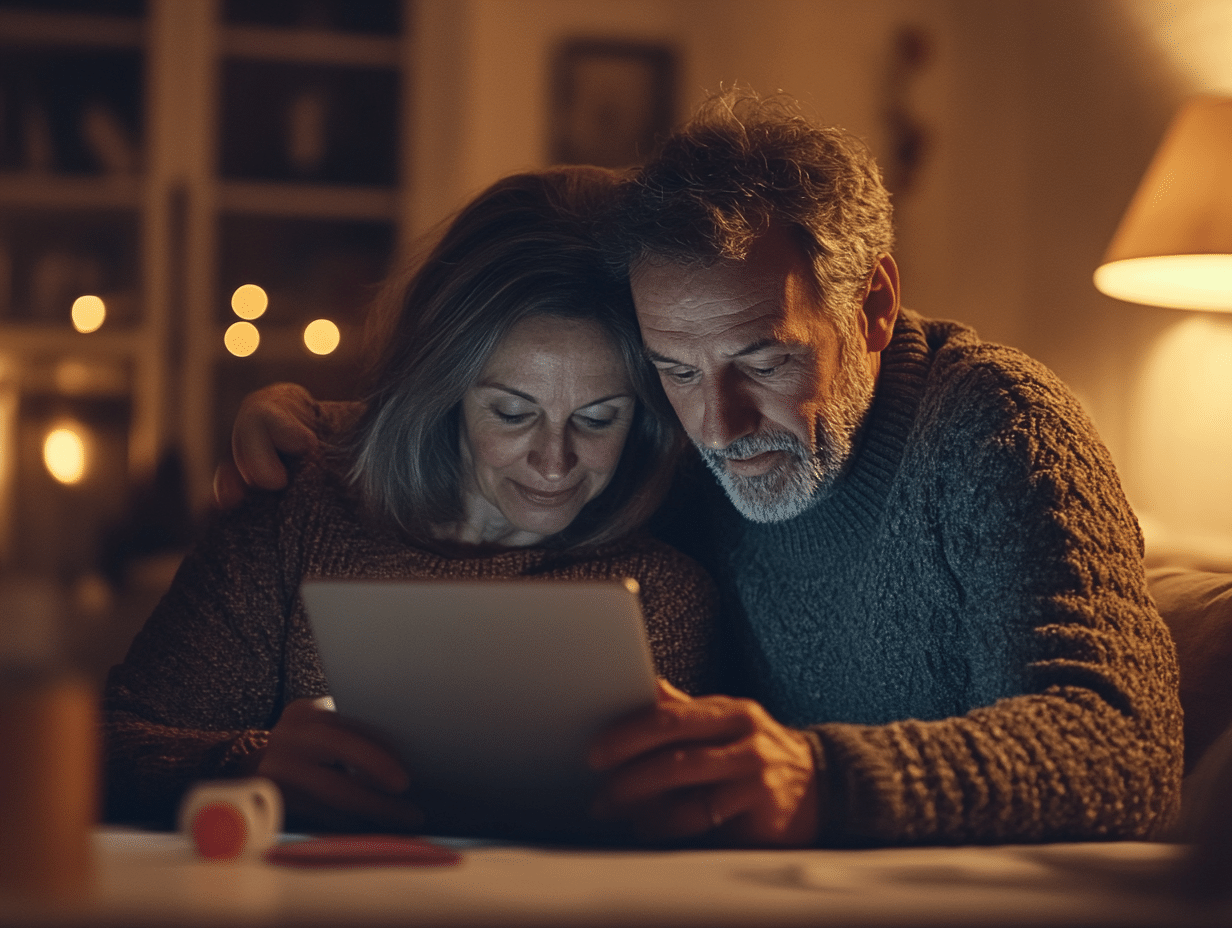 
A thoughtful and emotional depiction of 40 years old intended parents sitting together in a cozy home setting, reviewing surrogacy documents on a laptop or tablet. The mood should be hopeful, with warm lighting and subtle family-related touches like a baby toy or photo frame in the background. 