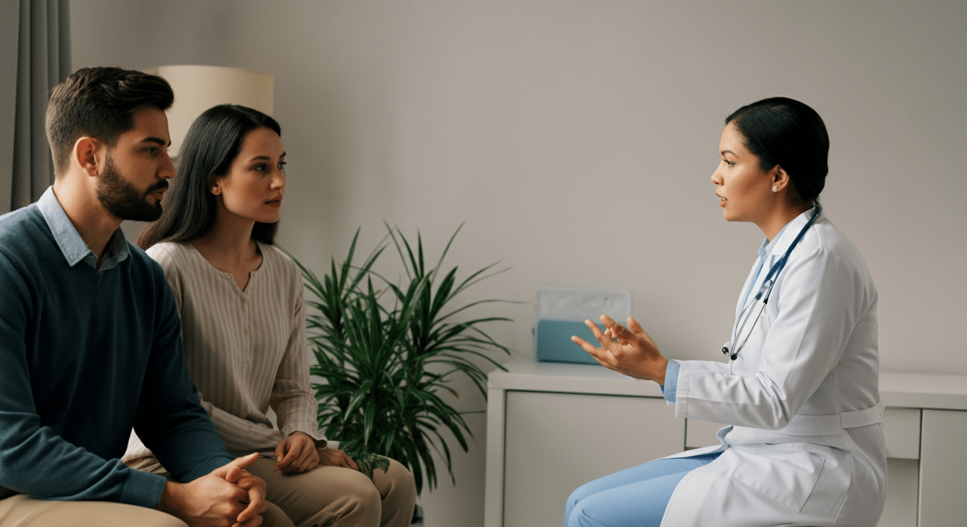 An empathetic doctor explaining IVF challenges to a couple in a cozy ambient